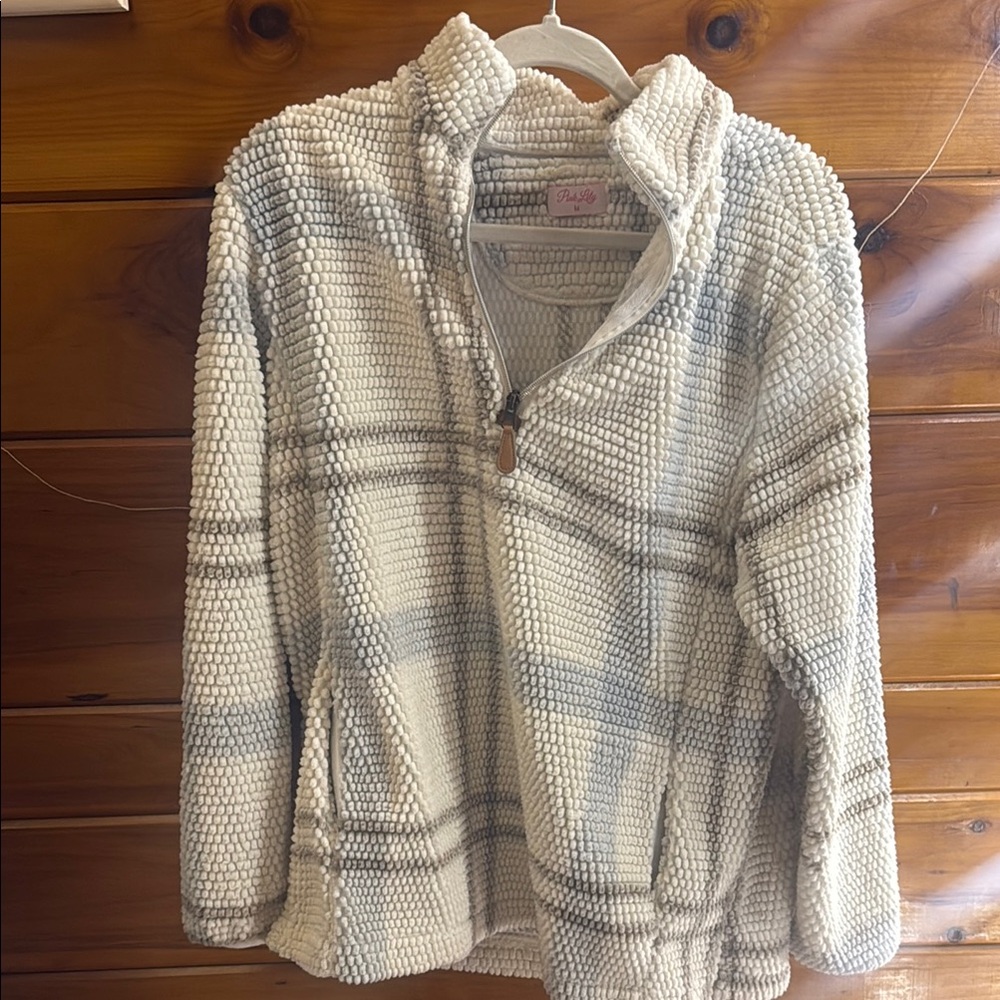 Pink Lily Cream and Gray Plaid Sherpa Jacket